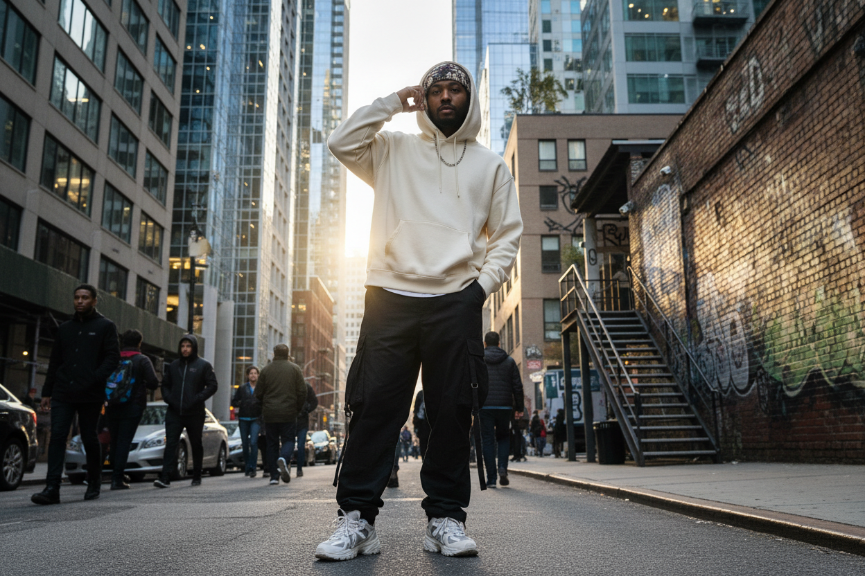 can I have a male model wearing street wear clothes